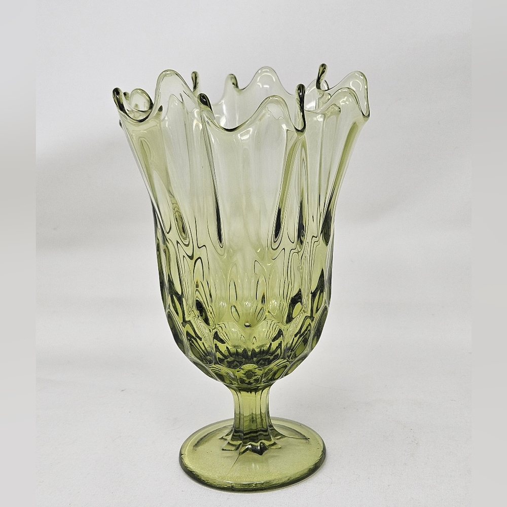 FENTON handkerchief Colonial green thumb print / Thousand Eye footed vase vintag - Picture 4 of 11